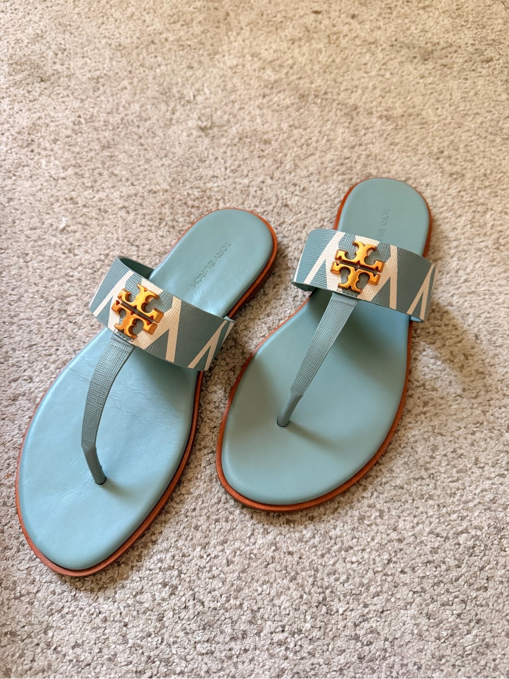Tory Burch Seafoam Blue Logo Thong Sandals with Gold Emblem